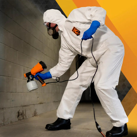 Reflex Liquid And Particle Protection Coveralls Workhorse With respirator fit hood and storm flap zip, used in liquid handling