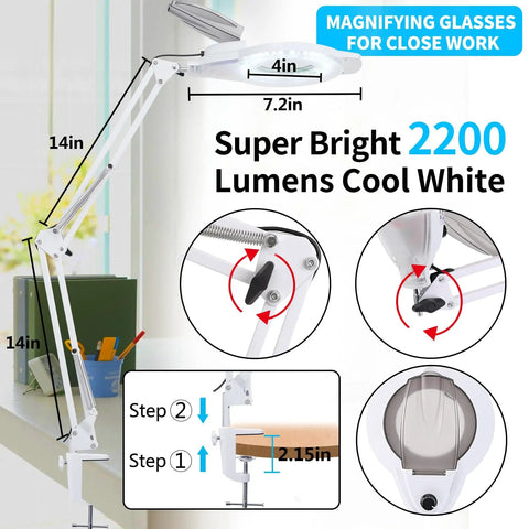 Lit 2200L LED Magnifying Lamp with stand and real glass lens, dimmable light for crafting, reading, hobbies, and repairs, white