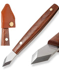 Heavy Duty Woodworking Marking Knife Pro Scribing Gauge Featuring Knockout Sharp High Carbon Steel Double Beveled Blade And Comfort Grip Handle with leather sheath and wooden handle.