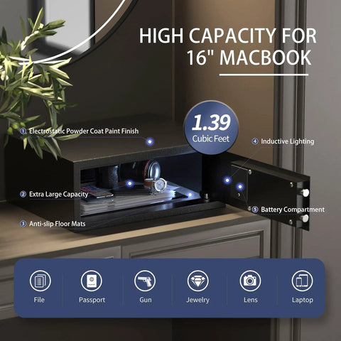 Home Safe for Documents and Valuables with Hotel-Style Digital Lock, Solid Steel Build, 1.39 Cu Ft Capacity, Black Finish
