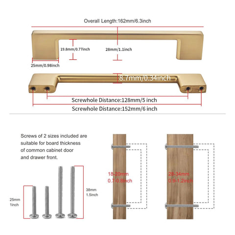 Dimensions and screws of Classic 10 Pack Cabinet Pull Handles for Kitchen and Bedroom Cabinets in Champagne Bronze Finish.