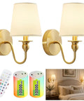No Fuss Wall Sconces Set Of Two In Shiny Gold With Massive 10000 Mah Rechargeable Battery And Smart Remote For Dope Rgb Atmosphere Lighting Perfect For Renter Friendly Home Vibes on display with remote and batteries included.