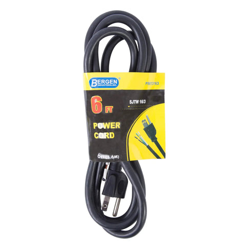Six Foot 16 AWG Three Wire Appliance And Power Tool Cord With U Ground NEMA Five Fifteen 125 Volt AC Weather Resistant SJTW Heavy Duty