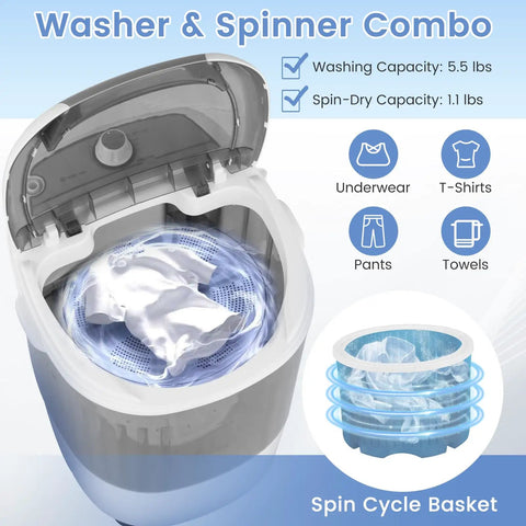 Inside view of Slick Compact Mini Washer And Dryer Combo showing 5.5 lb washing capacity and clothes spinning.