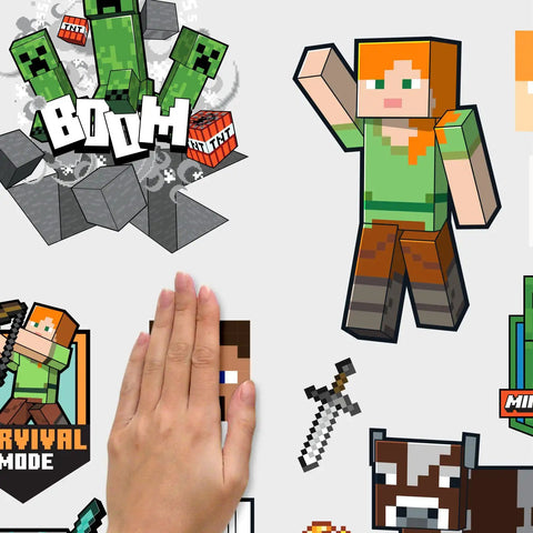 Hand applying Minecraft Characters Peel And Stick Wall Decals For Kids Bedrooms And Gaming Spaces on smooth surface