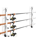 Three Rod Wall Mount Fishing Rod Holders For Garage And Wall Storage Organizer Gear Equipment Keeps Rods From Slipping And Clutter Free Easy To Install For Home Shed Or Boat Man Cave Ready shown installed with fishing rods