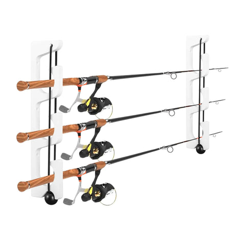 Three Rod Wall Mount Fishing Rod Holders For Garage And Wall Storage Organizer Gear Equipment Keeps Rods From Slipping And Clutter Free Easy To Install For Home Shed Or Boat Man Cave Ready shown installed with fishing rods