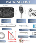 Packing list for Powerful High Pressure Dual Shower Head With Handheld And 12 Inch Rainfall System, accessories shown.