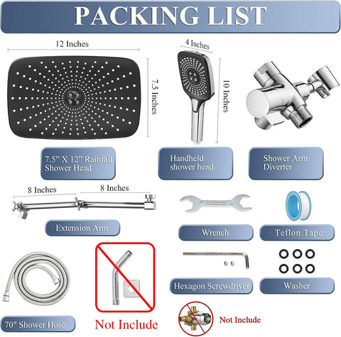 Packing list for Powerful High Pressure Dual Shower Head With Handheld And 12 Inch Rainfall System, accessories shown.