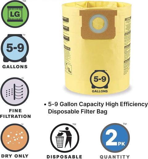High Efficiency Disposable Vacuum Filter Bags For 5 To 9 Gallon Tanks Heavy Duty Filtration For Drywall Dust Cement Dust And Cold Ash Easy Install Pack Of 2