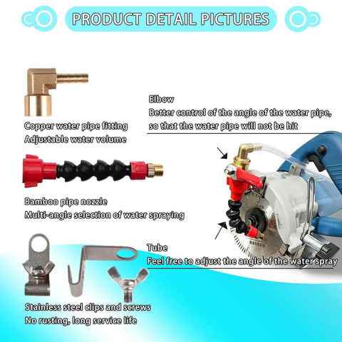 Pro Grade Dust Busting Misting System Water Sprayer nozzle details with copper fitting, bamboo pipe, and stainless steel clips.
