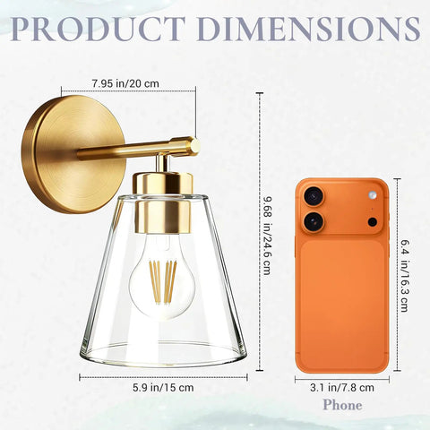 Gold Wall Sconces Set Of 2 Modern Industrial Brass Wall Lamps For Bedroom Living Room Kitchen Over Sink Hallway With Clear Cone Glass Shades Warm Ambient Lighting Easy Install Perfect For Bath Vanities