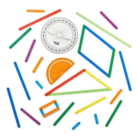 AngLegs Starter Set With Two Protractors And Geometry Manipulatives For Classroom Hands On Math Learning Geometric Shapes Angles And Area Tools For 4th Grade Kids Montessori Style featuring colorful geometric pieces and protractors.