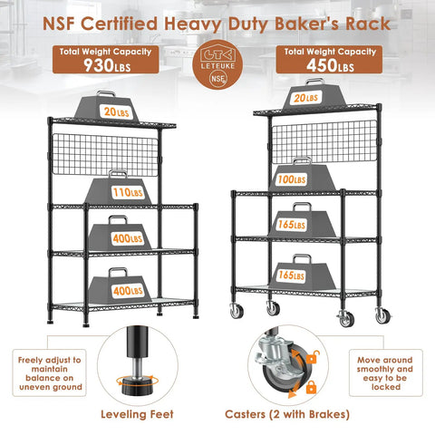 Workhorse Kitchen Bakers Rack With Wheels And Storage, 4 Tier Microwave Stand And Utility Cart, NSF Certified Commercial Metal Shelving, black