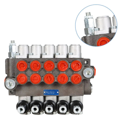 Heavy Duty Five Spool Hydraulic Control Valve Beefed Up 3600 PSI 13 GPM SAE Ports Inlet Outlet For Tractors Loaders And Log Splitters Double Acting High Flow Directional Valve