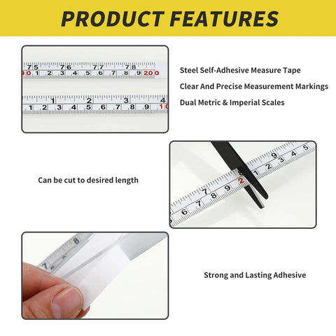 Two Pack One Half Inch Wide Self Adhesive Measuring Tape With 78 Inch Or 200 cm Length Peel And Stick Ruler Featuring Imperial And Metric Scales And Left Right Reading For Workbench Table Saw And Drafting Table White showing features and scale.