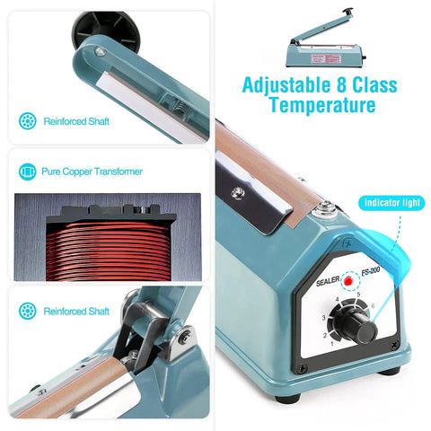 8 Inch Impulse Sealer For Plastic Bags And Shrink Wrap Manual Heat Sealer Machine With Adjustable Temperature Heavy Duty Bag Sealer Easy Operation Includes Repair Kit Blue device and components