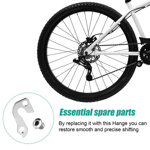 Aluminum Alloy Rear Derailleur Hanger 94 for Mountain Bikes Durable Tail Hook Fits GT Aggressor and More shown near bike wheel.