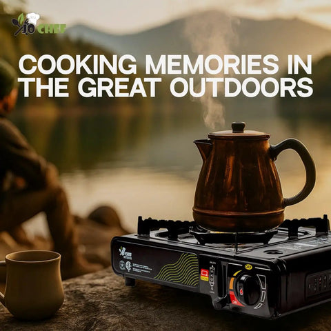 Butane Camping Stove With Windshield And Brass Burner, 9,500 BTU Portable Gas Stove for camping with kettle outdoors