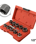 Beefy Half Inch Bolt Extractor Socket Set For Stripped Bolts 11 Piece Nut Remover Tool Kit CR MO Steel in open red case