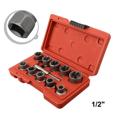 Beefy Half Inch Bolt Extractor Socket Set For Stripped Bolts 11 Piece Nut Remover Tool Kit CR MO Steel in open red case