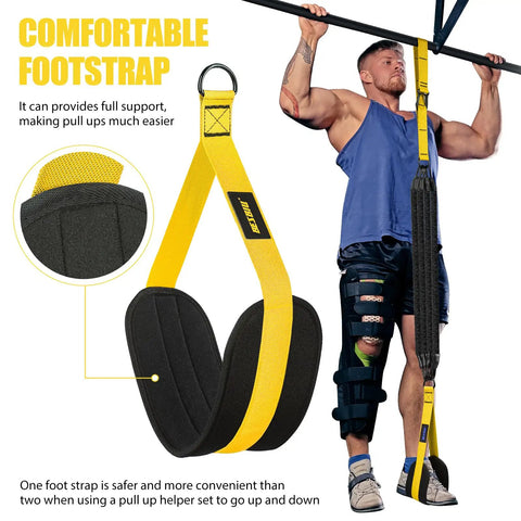 Heavy Duty Pull Up Assistance Bands 260lbs For At Home Workouts With Adjustable Nylon Straps For Door Frame Bars, shown in use with foot strap.