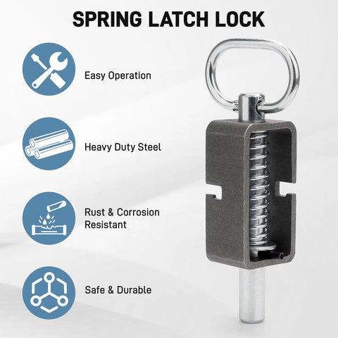 Quality Top Shelf Heavy Duty Trailer Gate Latch Weld On Spring Lock Assembly With Reinforced Latch Pins, showing spring mechanism and steel construction.