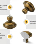 Close-up of 30 Pack Antique Brass Drawer Knobs 1-1/4 Inch, Solid Zinc Alloy, showing details and durability features.