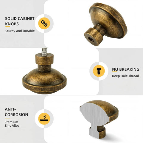Vintage Antique Brass Cabinet Knobs And Drawer Handles 1 1/4 Inch Rock Solid Zinc Alloy rustproof knob with deep hole thread.