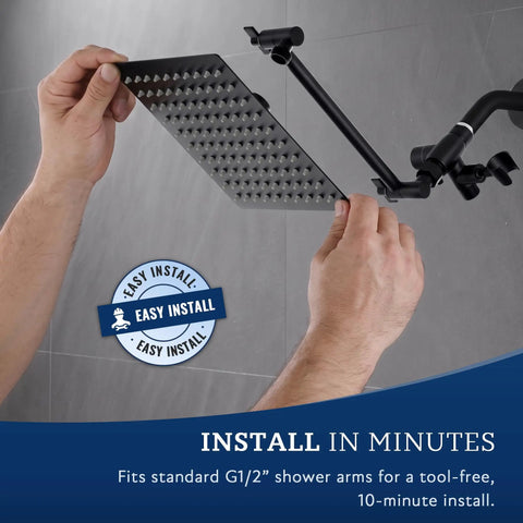 Installing all metal 8 inch dual square shower head and handheld spray combo with rain mode, matte black, easy install guide.