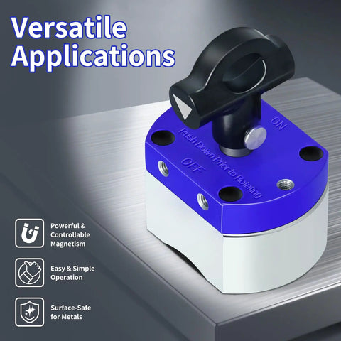Beefy 180 Lb On Off Magnets Magnetic System for Lifting and Welding Holders in blue housing on metal surface