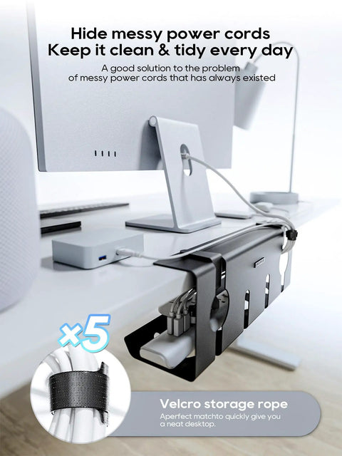 No Drill Under Desk Cable Tray Clamp On Metal Wire Organizer attached to desk holding cables with Velcro straps