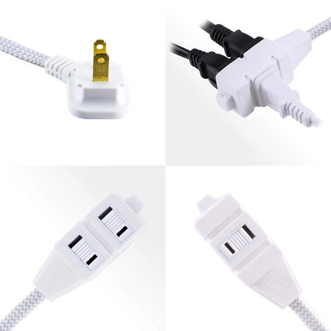 6 Foot Braided Extension Cord With 3 Outlets And 2 Prong Outlets Flat Plug Tangle Free Cable Perfect For Home Office Desk Setup And Kitchen Decor Gray And White UL Listed showing plug and outlets