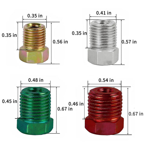 Heavy Duty 3/16 Inch Stainless Steel Brake Line Kit, 25 Foot Tubing Roll With 16 Fittings dimensions shown in various colors