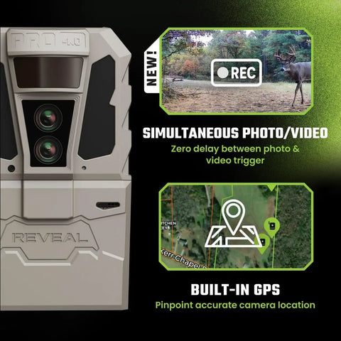 Top Shelf Cellular Trail Camera With 4K Ultra HD Night Vision And Waterproof Build For Serious Hunters And Trail Crew Featuring Extended Battery Life And Dual Image Sensors showing front view, GPS feature, and simultaneous photo/video functionality.