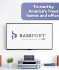 Recessed Low Voltage Wall Plate For Behind Wall Cable Management And TV Cord Pass Through With Bottom Opening Reversible Hood Keeps Wires Hidden For A Clean No Fuss Wall Mounted TV Setup Durable Two Pack in modern home entertainment setup with speakers and plants.