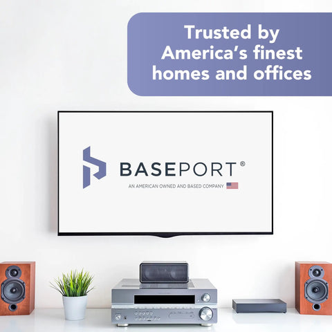 Recessed Low Voltage Wall Plate For Behind Wall Cable Management And TV Cord Pass Through With Bottom Opening Reversible Hood Keeps Wires Hidden For A Clean No Fuss Wall Mounted TV Setup Durable Two Pack in modern home entertainment setup with speakers and plants.