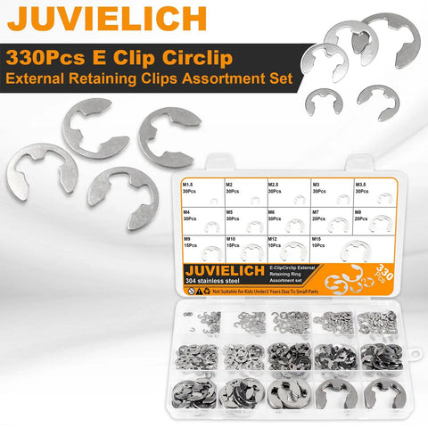 E Clip Circlip Assortment Kit, 330 Pcs, 14 Sizes, 304 Stainless Steel External Retaining Rings Set For Bearings, Gears, Pulleys And Axles