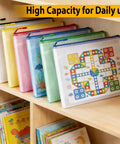 24 Pack Mesh Zipper Pouches For Organization A4 Size Document Bags displayed on a shelf in assorted colors with designs