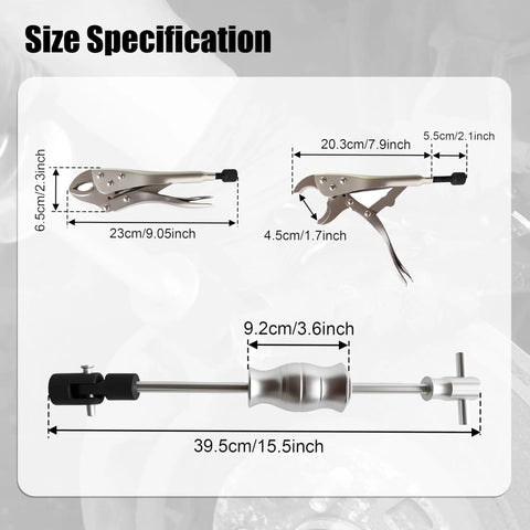 Size specs of Vise Grip Locking Pliers Slide Hammer Set With Quick Release Swivel Connector Nine Point Eight Inch Two Pound Hammer