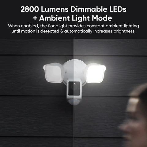 Outdoor Floodlight Security Camera 2K HD With Color Night Vision, 2800-Lumen LEDs, wall-mounted, ambient light mode.