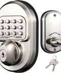 Heavy Duty Mechanical Keyless Deadbolt For Exterior Front Door with keypad and keyhole in brushed nickel finish.