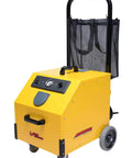 Heavy Duty Commercial Steam Cleaner Kickin Out Stubborn Grime With Chemical Free Power And Thick Stainless Boiler Plus Fifty Pro Nozzles For Top Shelf Cleaning Hustle, yellow with wheels and handle.