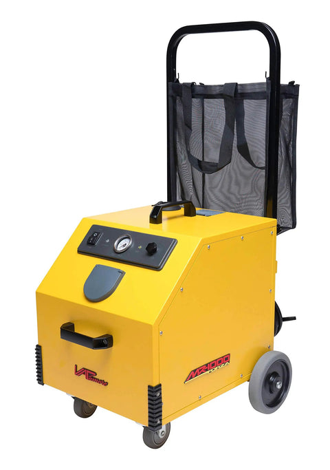 Heavy Duty Commercial Steam Cleaner Kickin Out Stubborn Grime With Chemical Free Power And Thick Stainless Boiler Plus Fifty Pro Nozzles For Top Shelf Cleaning Hustle, yellow with wheels and handle.