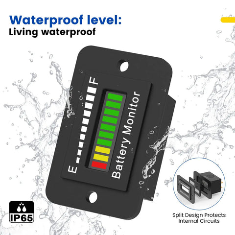 Universal Led Golf Cart Battery Level Indicator Meter Monitor For 12V To 72V Lithium And Lead Acid With Ten Segment Gauge Display Plug And Play To Keep Your Sweet Setup Charged, waterproof design with gauge display.