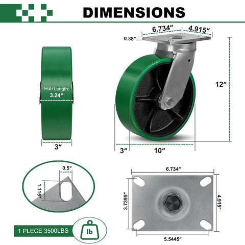 10X3 Inch Super Heavy Duty Casters Set Build Like A Tank With Tough As Nails Polyurethane Wheels detailed dimensions and weights.
