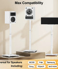 Height Adjustable Rock Solid Universal Speaker Stands For Bookshelf And Satellite Speakers Up To 22 Lbs Pair 28 To 37.4 Inches Tall With Cable Management For Home Theater Setup White with various speakers displayed on stands