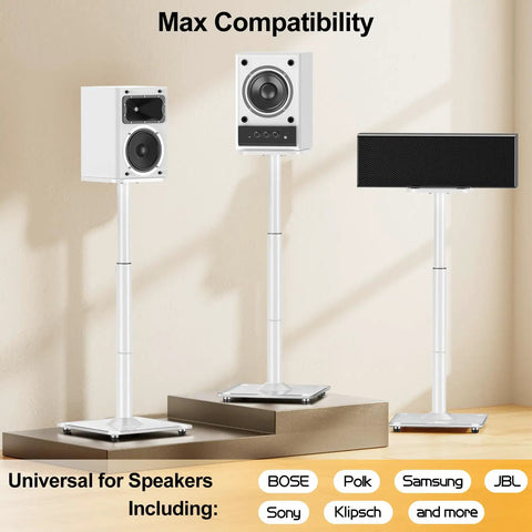 Height Adjustable Rock Solid Universal Speaker Stands For Bookshelf And Satellite Speakers Up To 22 Lbs Pair 28 To 37.4 Inches Tall With Cable Management For Home Theater Setup White with various speakers displayed on stands