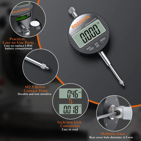 Digital Dial Indicator 0 To 1 Inch (25.4 Mm) High Resolution 0.0005 Inch 0.01 Mm Electronic Probe With Zero Setting And Mm Inch Switchable