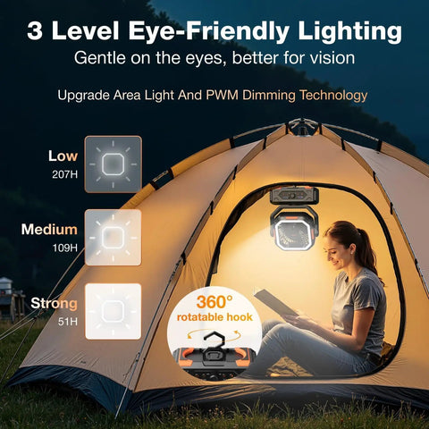 Woman reading in tent with 30000mAh Portable Camping Fan With Remote And LED Lantern highlighting 3-level lighting options.